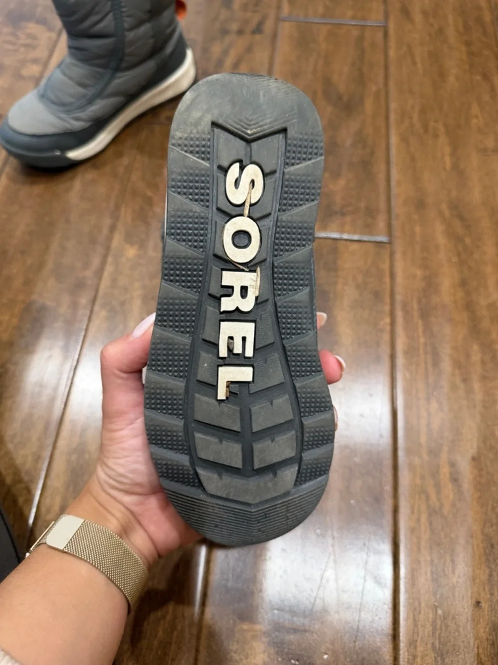 Sorel Kids Gray Winter Boots with Orange Pull Tabs